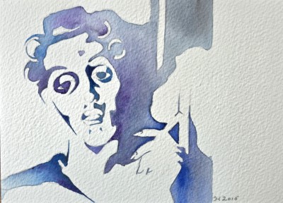 Aquarellbild eines rauchenden Mannes in abstahierten lila Flächen